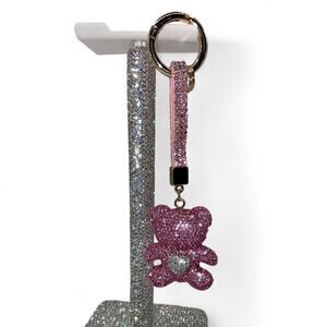 Pink White Glitter Rhinestone Teddy Bear Heart Keychain Tote Bag Charm Kawaii